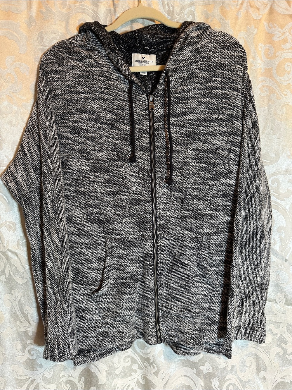 American Eagle Outfitters Black & Gray Marled Zip-Up Hoodie Sweater